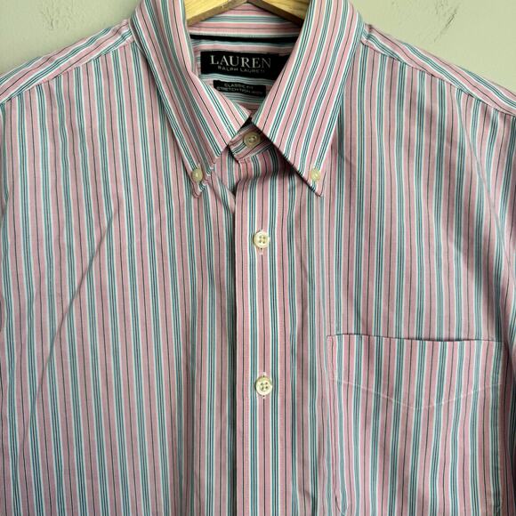 Men's Ralph Lauren Button Down Shirt Size 15 1/2 32/33 Stretch No Iron Pink Blue - Picture 5 of 14